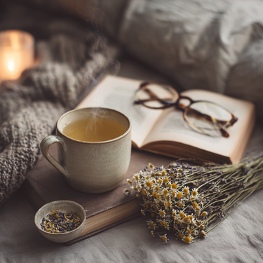 Create a cozy scene with Lights Out – The Herbal Lullaby Your Brain’s Been Waiting For: a steaming mug of calming tea, glasses on an open book, dried flowers, chamomile, and candlelight set atop a soft blanket.